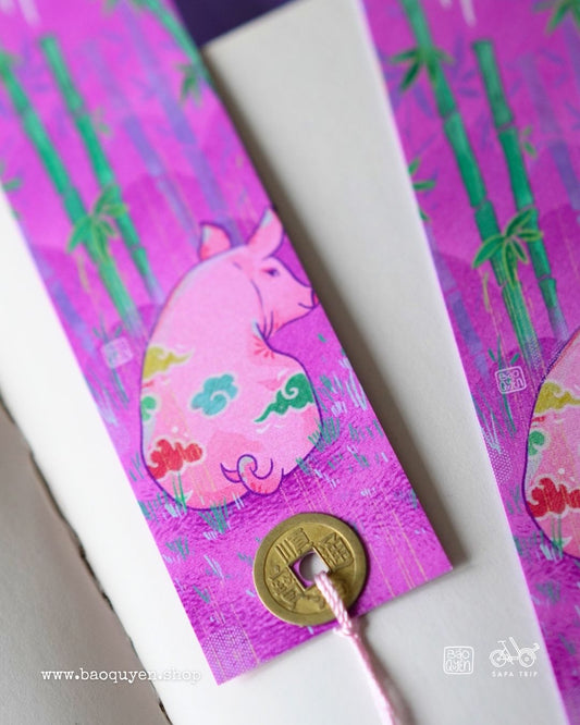 Vietnamese Pig Zodiac Bookmark with Lucky Coin – Hợi (亥)