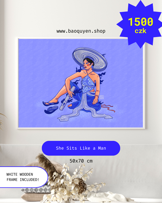 She Sits Like a Man — Framed Artwork, 50 × 70 cm