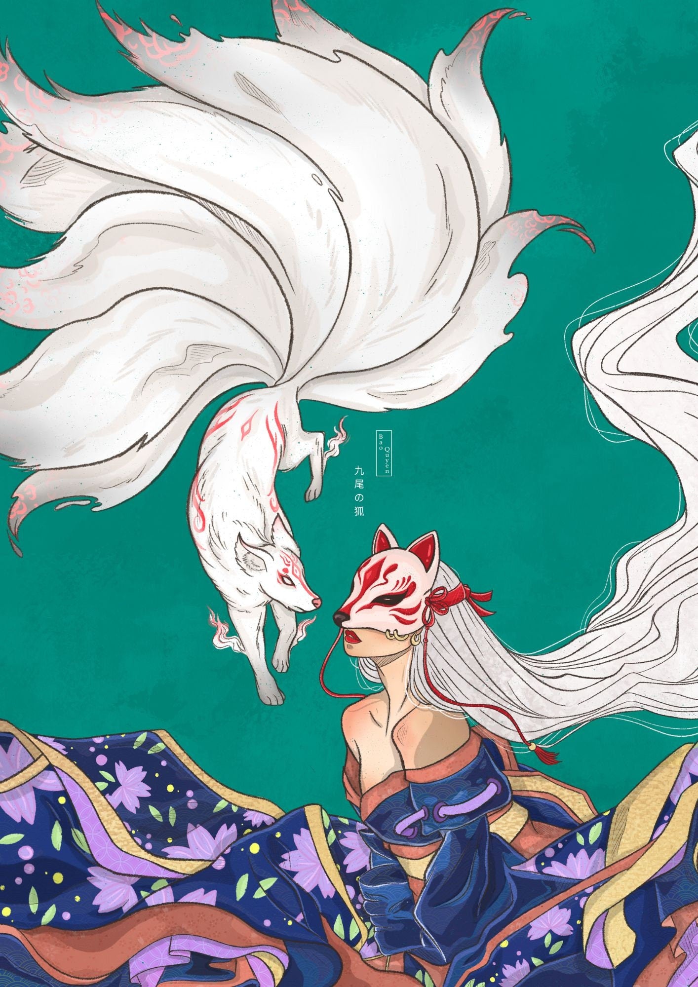 Kyubi no Kitsune Print: Japanese Nine-Tailed Fox Art