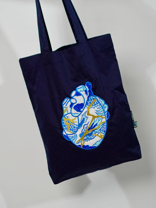 The Ceramic Heart Dark Blue Tote Bag with Embroidery