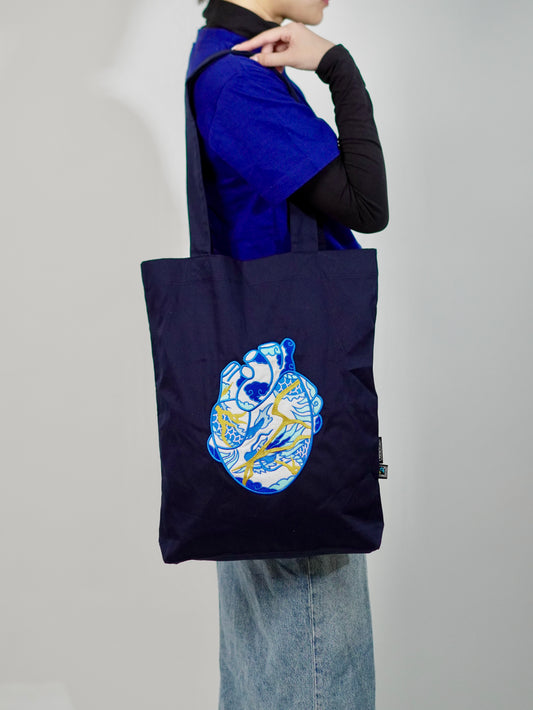 The Ceramic Heart Dark Blue Tote Bag with Embroidery