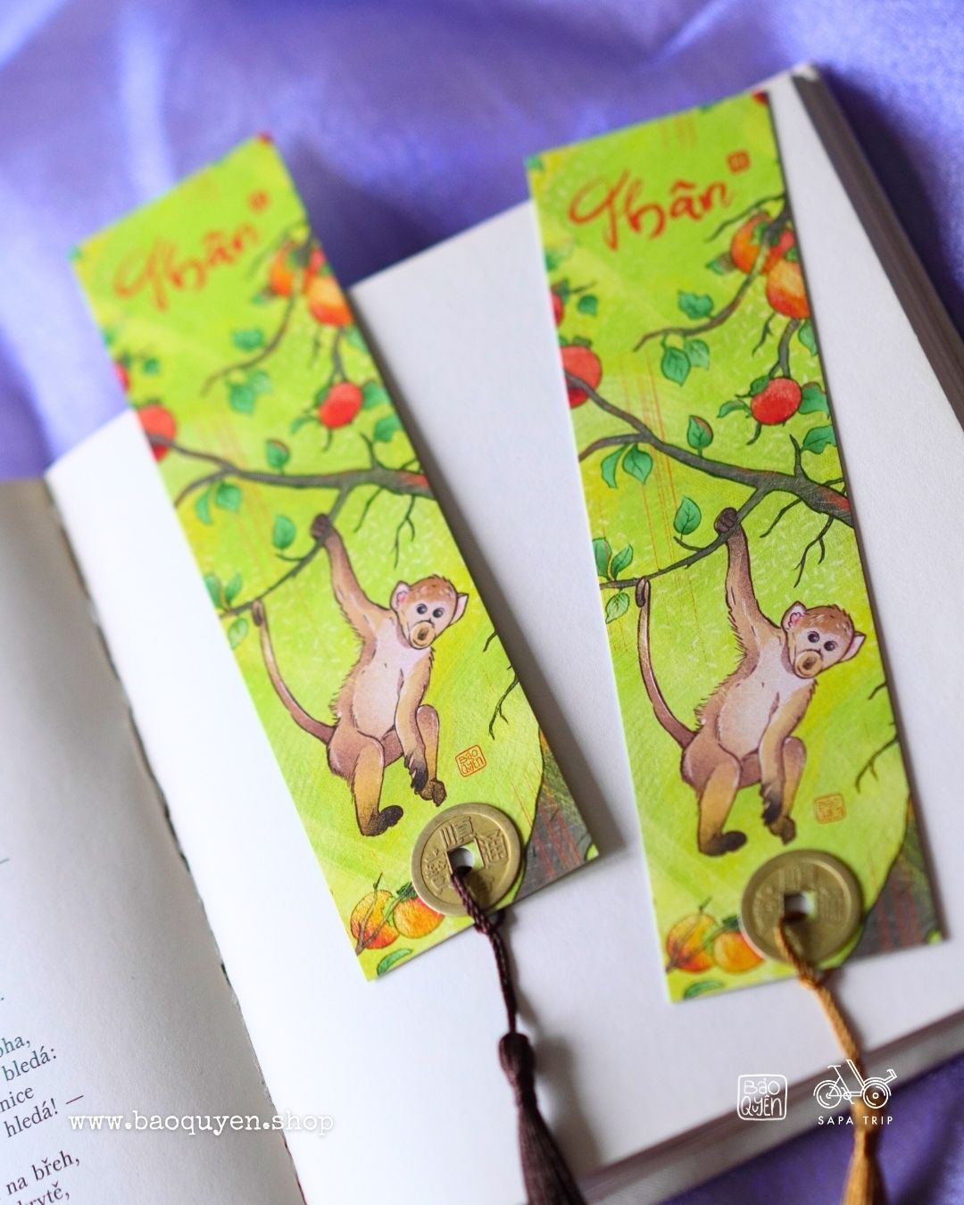 Vietnamese Monkey Zodiac Bookmark with Lucky Coin – Thân (申)