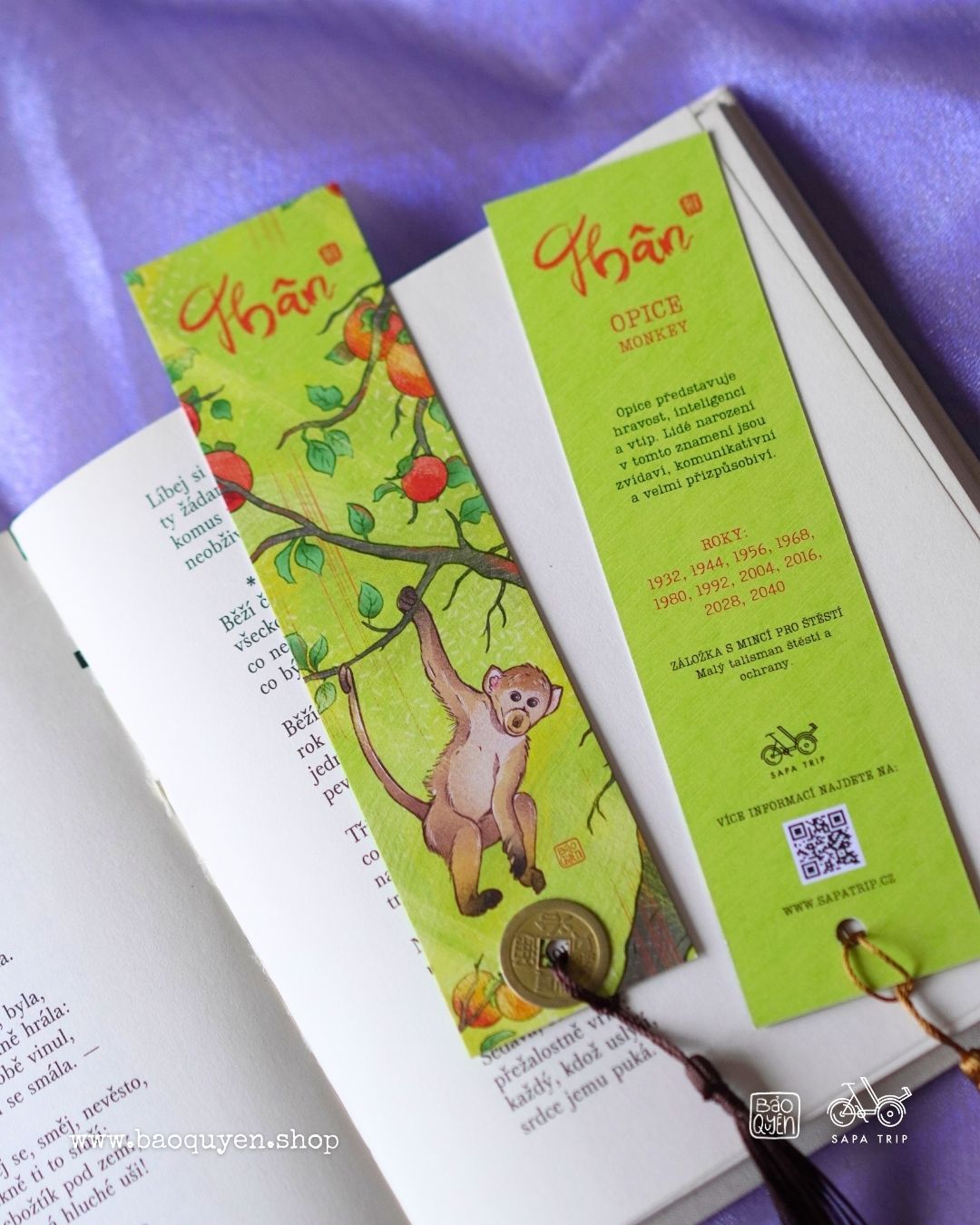 Vietnamese Monkey Zodiac Bookmark with Lucky Coin – Thân (申)