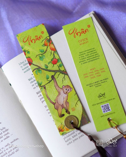 Vietnamese Monkey Zodiac Bookmark with Lucky Coin – Thân (申)