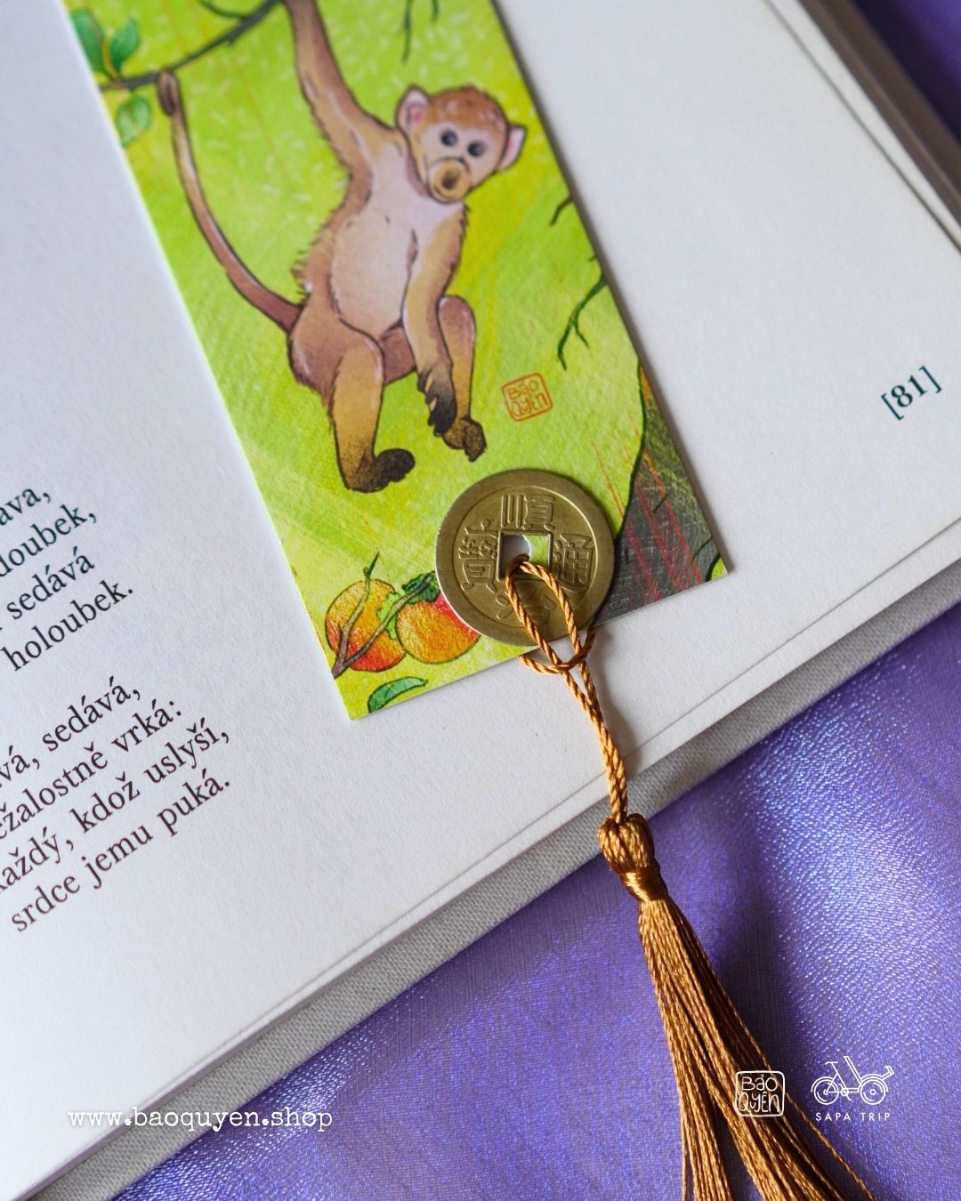 Vietnamese Monkey Zodiac Bookmark with Lucky Coin – Thân (申)