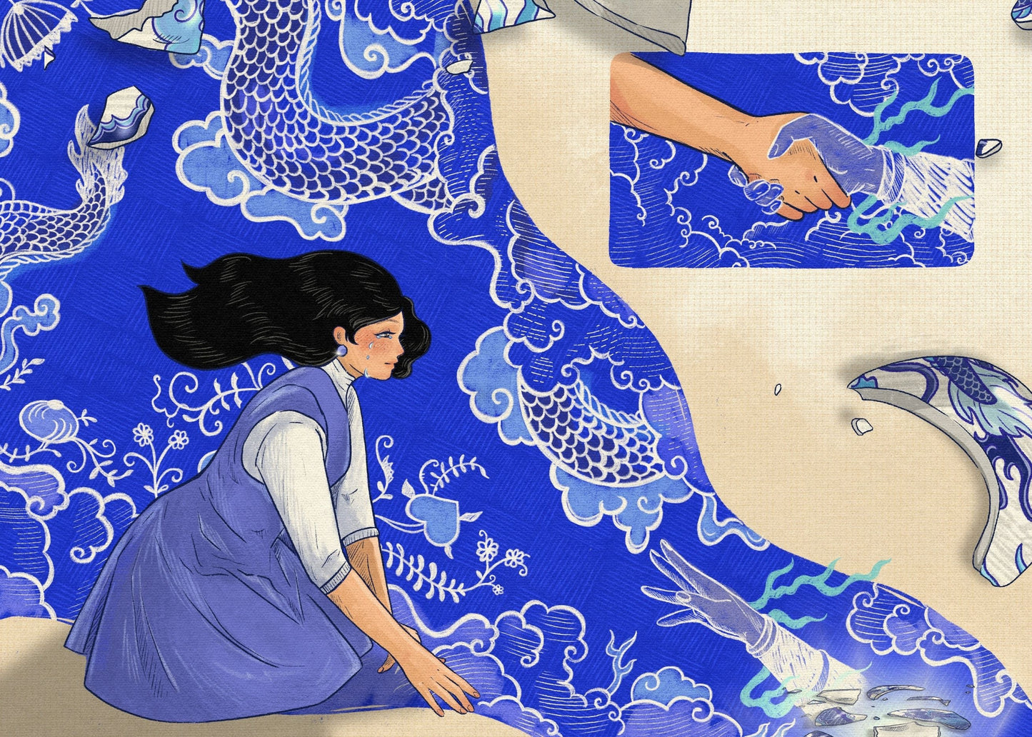 A stylized illustration of a woman in a flowing blue dress lying on a vivid blue patterned surface with white cloud and dragon motifs. A hand is shown touching the fabric near the upper left, and a curved blue-and-white object appears at the top.