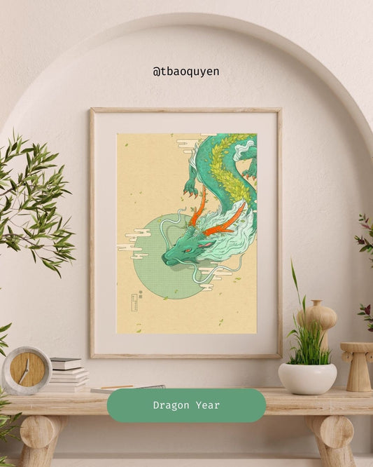 Framed artwork of a dragon on a wall with decorative elements by illustrator Bao Quyen.